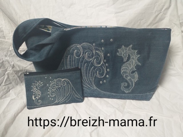 Recyclage jeans - Tuto couture Sac brodé vague et hippocampe