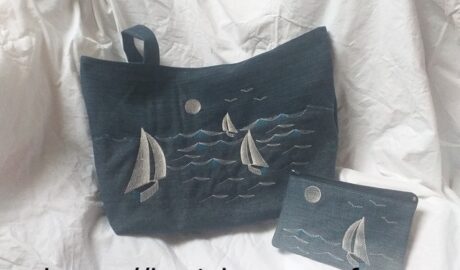 Recyclage jeans - Tuto couture Sac -Ensemble sac et trousse brodé bateau